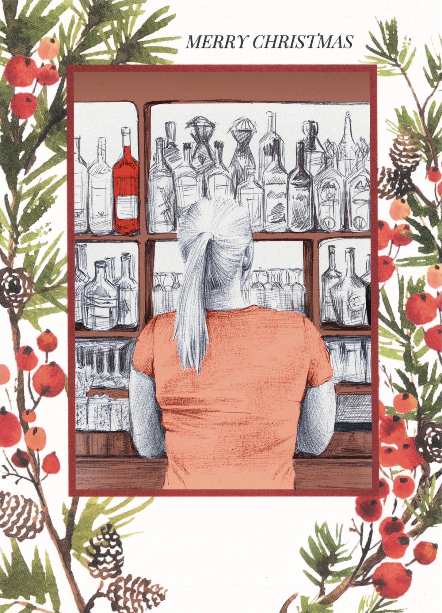 An illustration of a young woman sitting at a bar. Her back is to us, and she is facing the shelves. In front of her, we see rows and rows of liquor bottles. Surrounding the illustration are watercolor drawings of a fruit tree&rsquo;s branches.