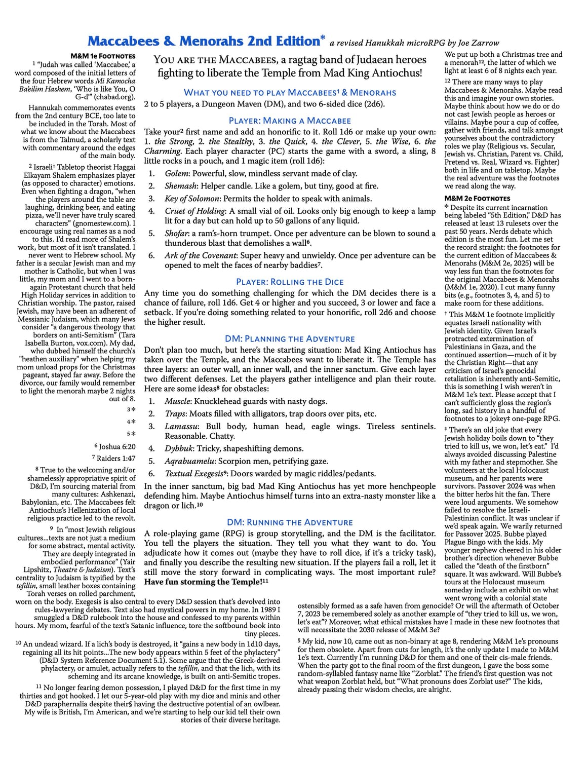 Image of the Maccabees and Menorahs one-sheet game. The title of the game is &ldquo;Maccabees and Menorahs 2nd Edition*, a revised Hanukkah microRPG by Joe Zarrow.&rdquo; Then in large font reads &ldquo;You are the Maccabees, a ragtag band of Judean heroes fighting to liberate the Temple from Mad King Antiochus!&rdquo;. The rest of sheet includes the game's setup and rules, as well as extensive footnotes amounting to a personal essay by the author.