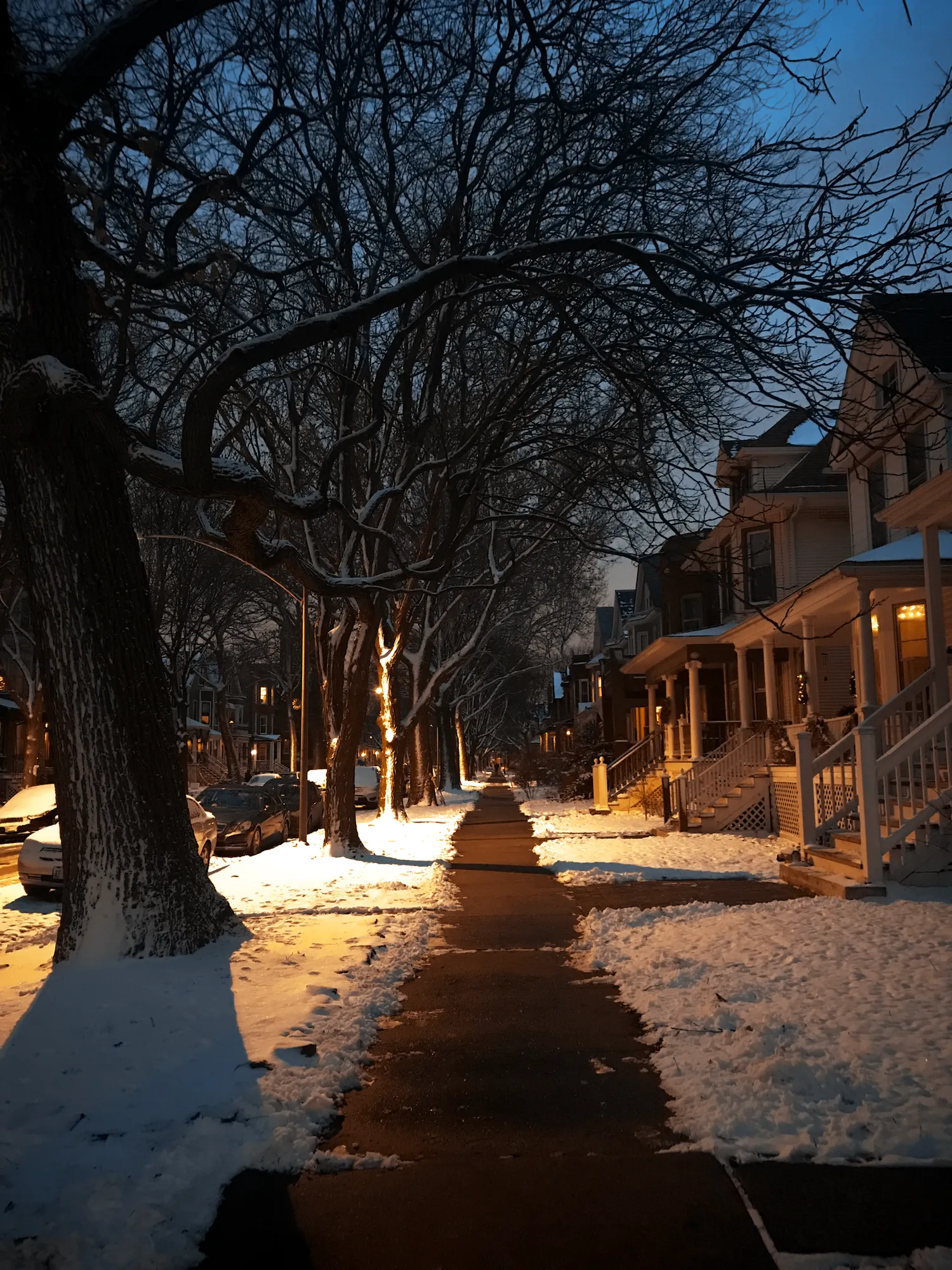 A photo of a residential sidewalk on a snowy evening. The glow of a streetlight, out of frame, illuminates the snow in front of the sidewalk.