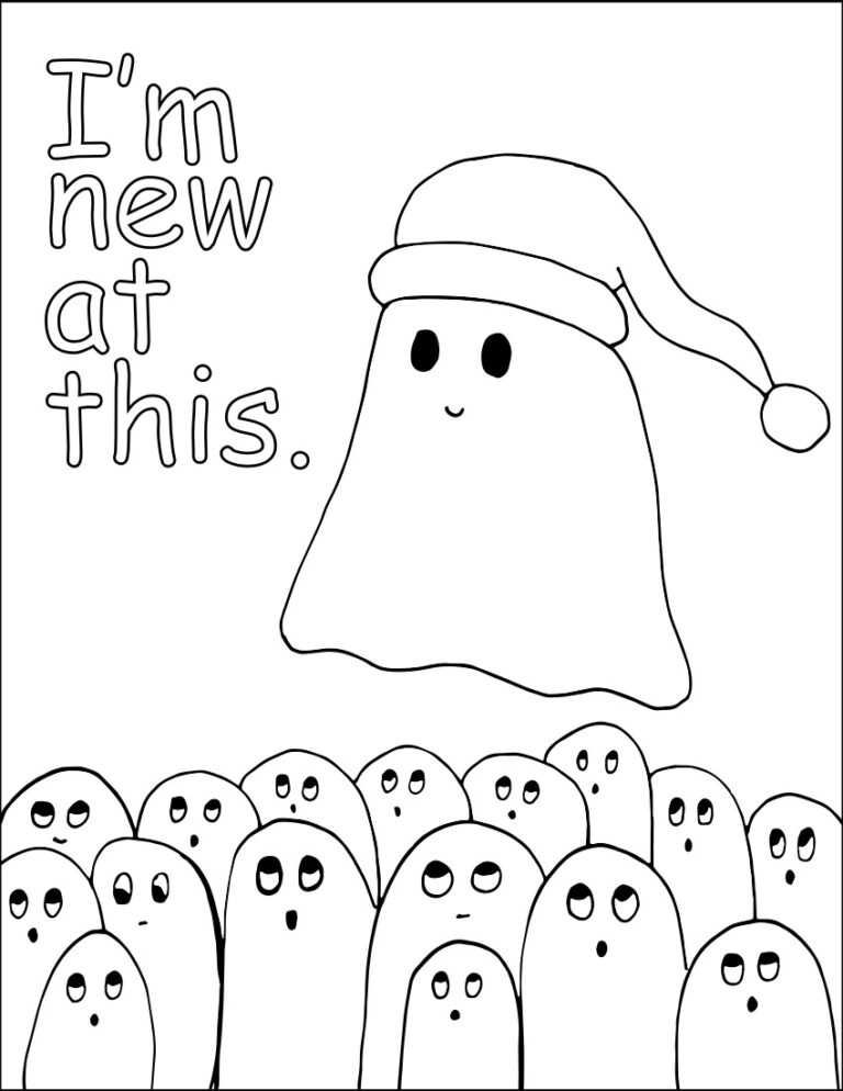 A black-and-white line drawing of a ghost with a Santa hat on. Underneath the ghost is a small crowd of hatless ghosts, staring up at the Santa ghost in awe. To the left of Santa ghost is text that reads &ldquo;I'm new at this.&rdquo;